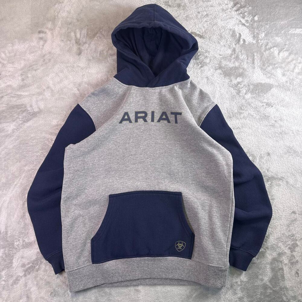 Ariat Colorblock Hoodie Gray Navy Pullover Western Workwear Boys XL